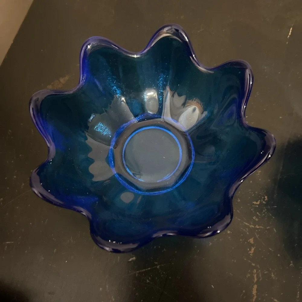 (2) VTG MCM BLENKO Art Glass Lotus Bowl‎ Blue Signed  2002 Richard Blenko - Picture 3 of 15